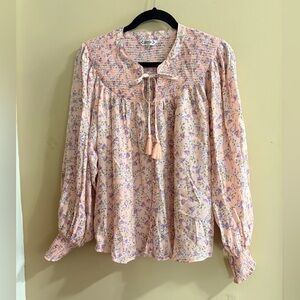 Nanette Lepore Boho Tassel Tie Pink Floral Peasant Blouse Large